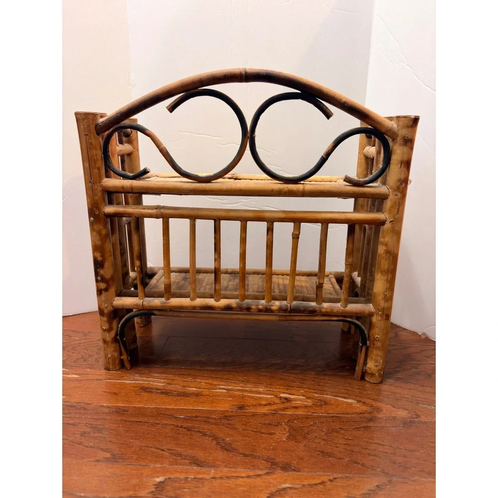 Vintage Burnt Bamboo Folding Wall Shelf Tortoiseshell Mini Boho Rattan Etagere